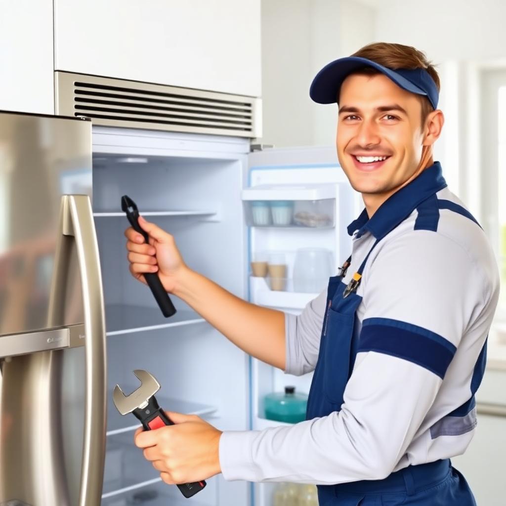 Licensed appliance repair technician fixing a refrigerator